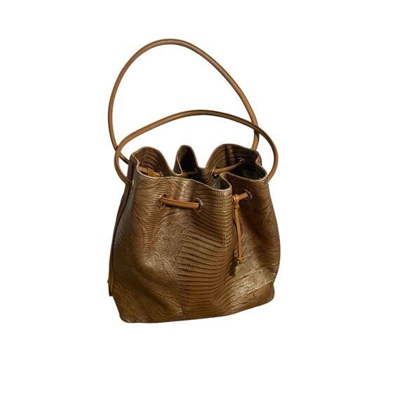 Brahmin Women's Embossed Leather Drawstring Trina Bucket Shoulder Bag Brown OS - Picture 1 of 11